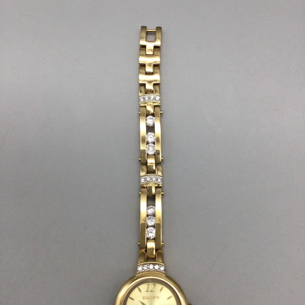 Elgin Womens Watch 20mm Gold Silver Tone Diamond Bracelet New Battery 8.25